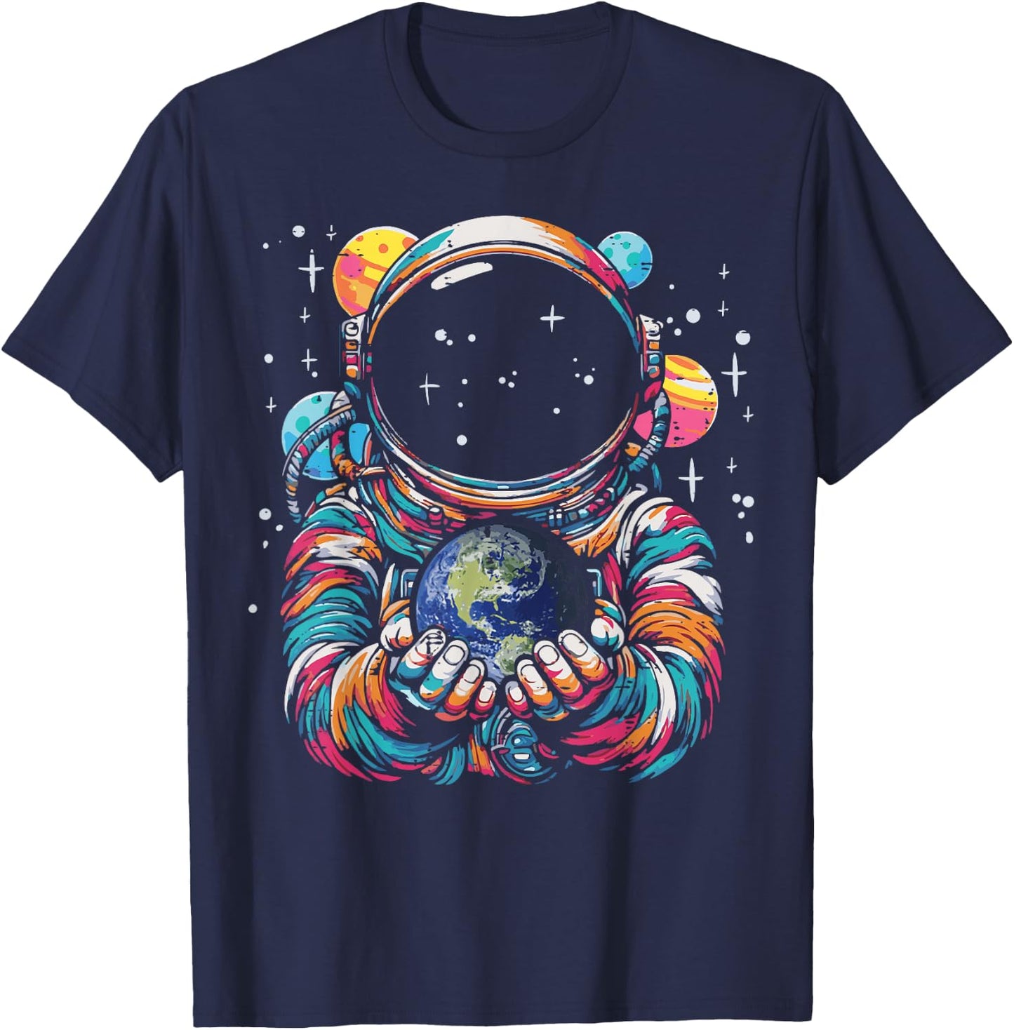 Astronaut Holding Earth Planet Space Galaxy Men Women Kids T-Shirt - T-Shirt | Navy