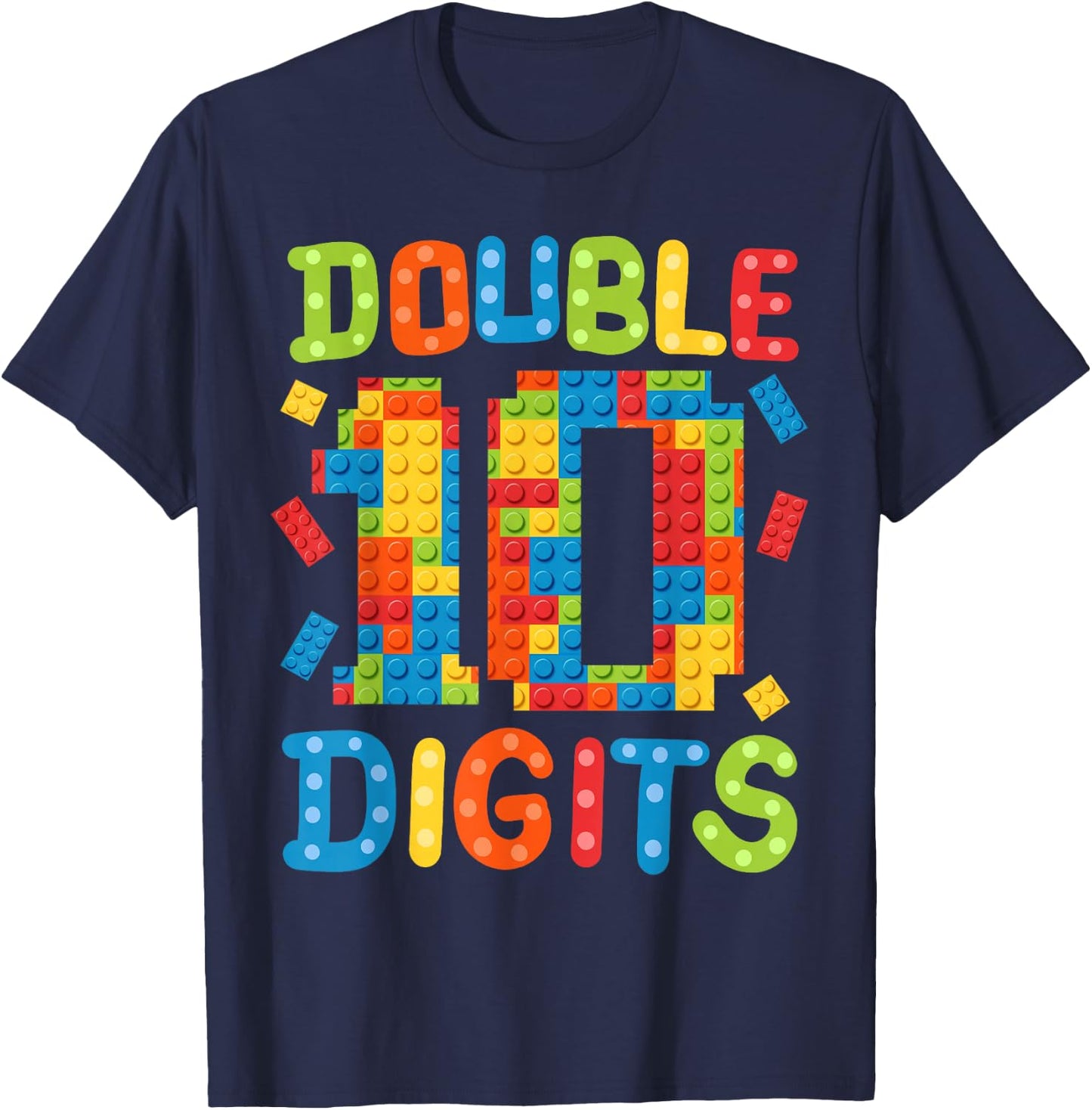 10th Birthday Double Digits Building Blocks 10 Years Old Kid T-Shirt - T-Shirt | Navy