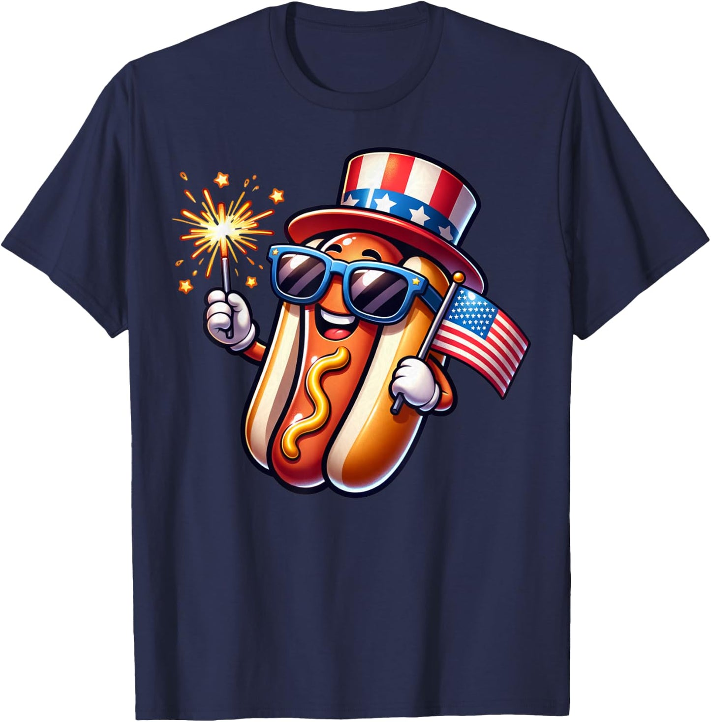 4th of July Sparkler Hotdog Funny Patriotic Flag T-Shirt - T-Shirt | Navy