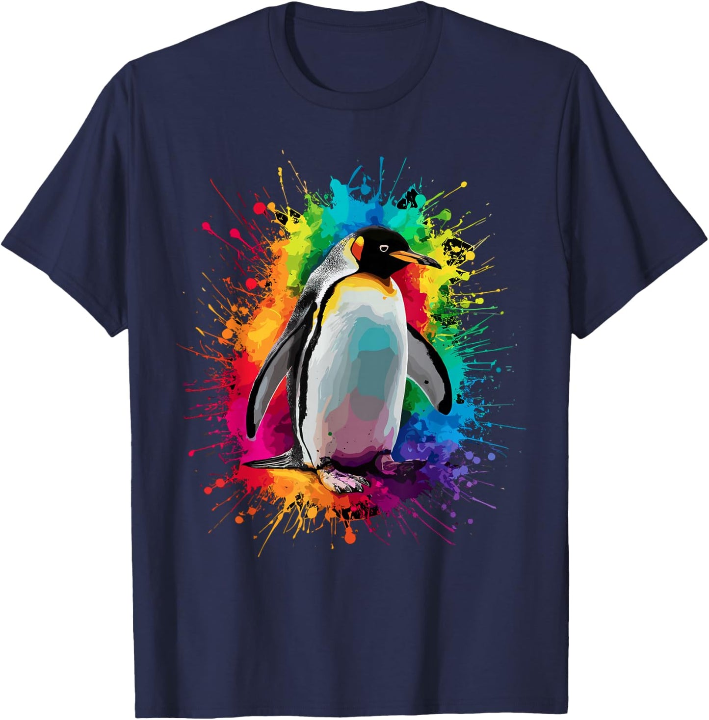 Colorful Paint Splash Penguin Animal Art Graphic T-Shirt - T-Shirt | Navy