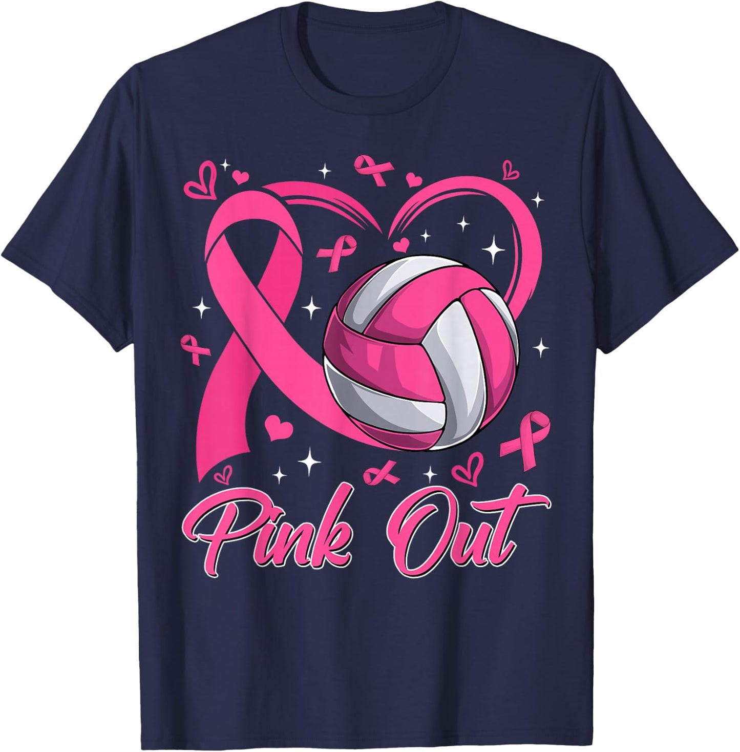 Pink Out Breast Cancer Awareness Day Volleyball Pink Ribbon T-Shirt - T-Shirt | Navy