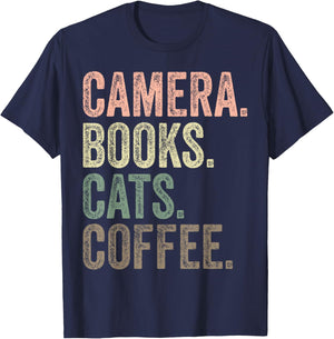 Camera Books Cats and Coffee Lover Photography Men Women T-Shirt - T-Shirt | Navy