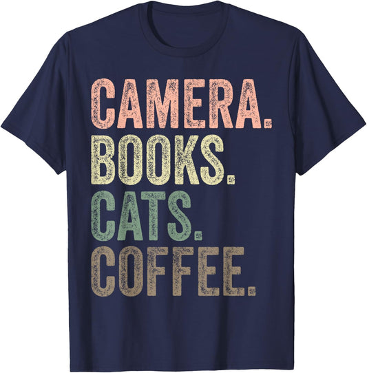 Camera Books Cats and Coffee Lover Photography Men Women T-Shirt - T-Shirt | Navy