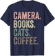 Camera Books Cats and Coffee Lover Photography Men Women T-Shirt - T-Shirt | Navy