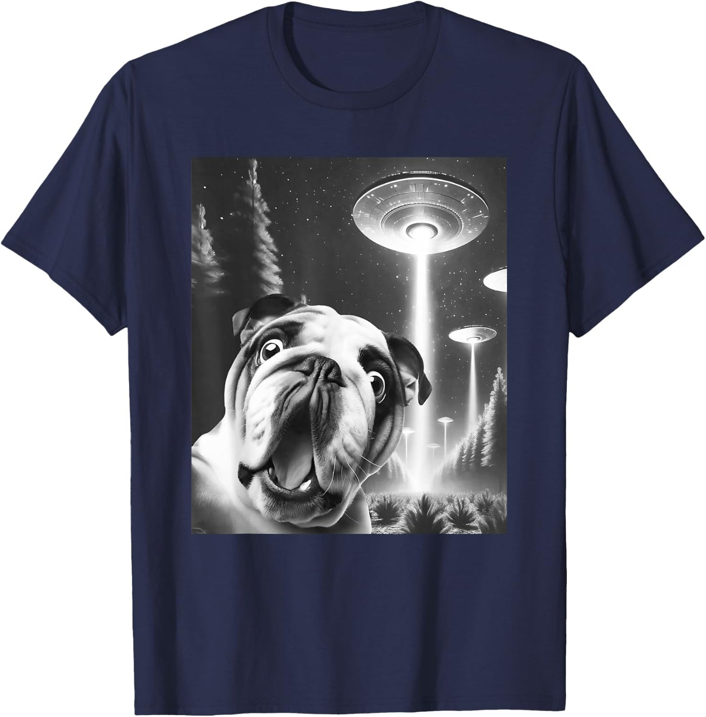 Funny English Bulldog Alien UFO Taking a Selfie Dog Mom Dad T-Shirt - T-Shirt | Navy