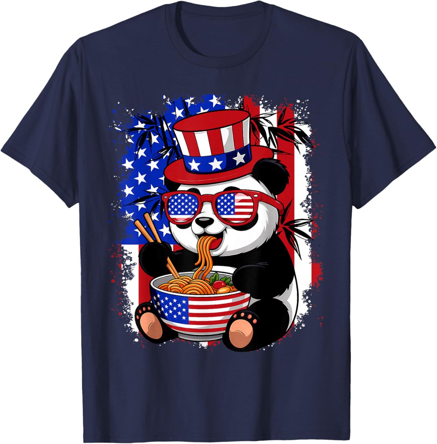 Panda Kawaii Ramen Noodles Anime American Flag 4th Of July T-Shirt - T-Shirt | Navy