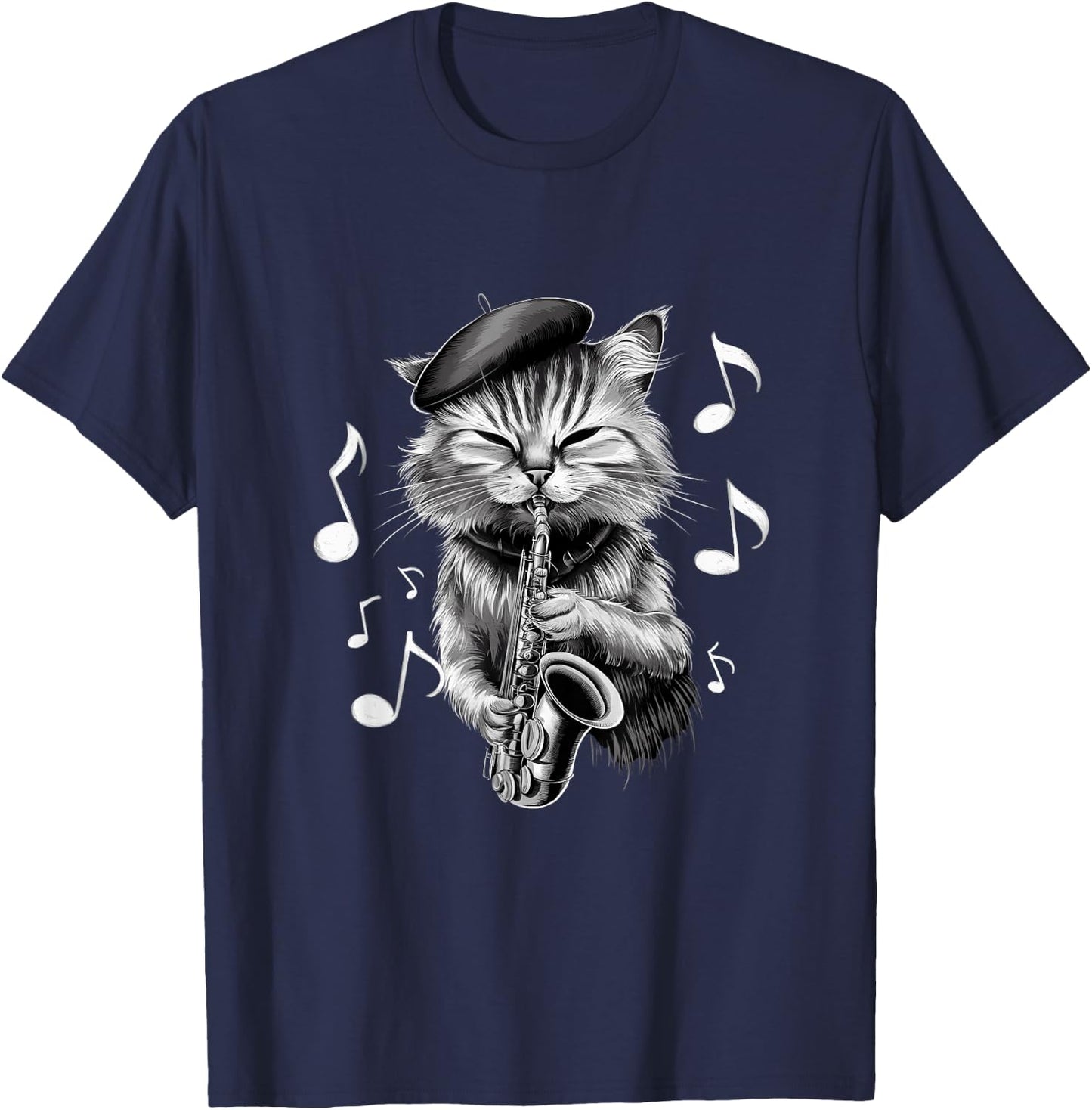 Cool Jazz Cat Playing Saxophone Cartoon Art Women T-Shirt - T-Shirt | Navy