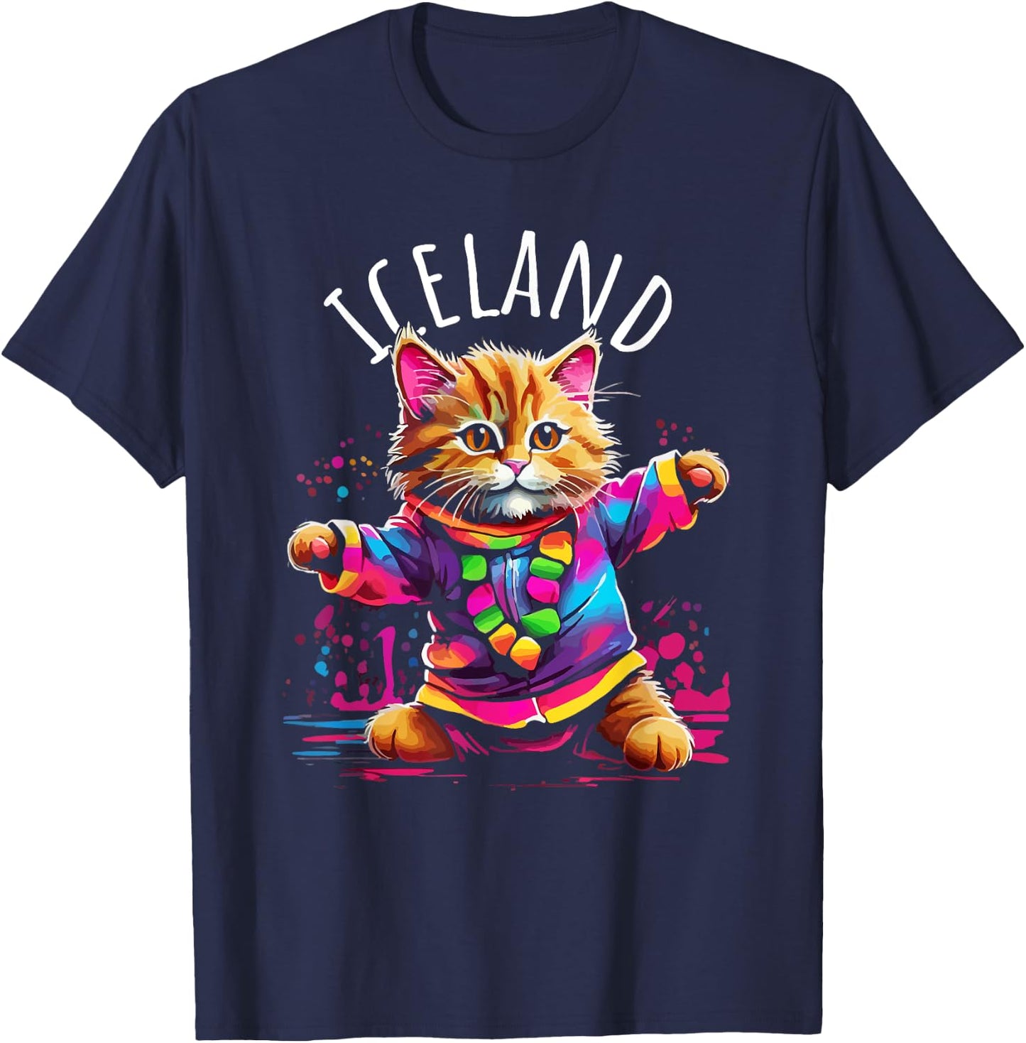Iceland Quirky Funny Cute Colorful Dancing Cat Design T-Shirt - T-Shirt | Navy