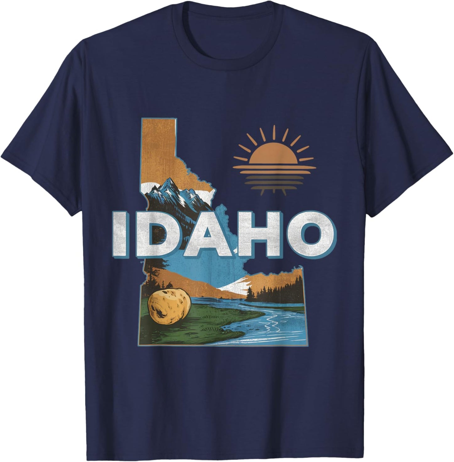 Idaho USA State Potato Mountains Scenic River Souvenir T-Shirt - T-Shirt | Navy