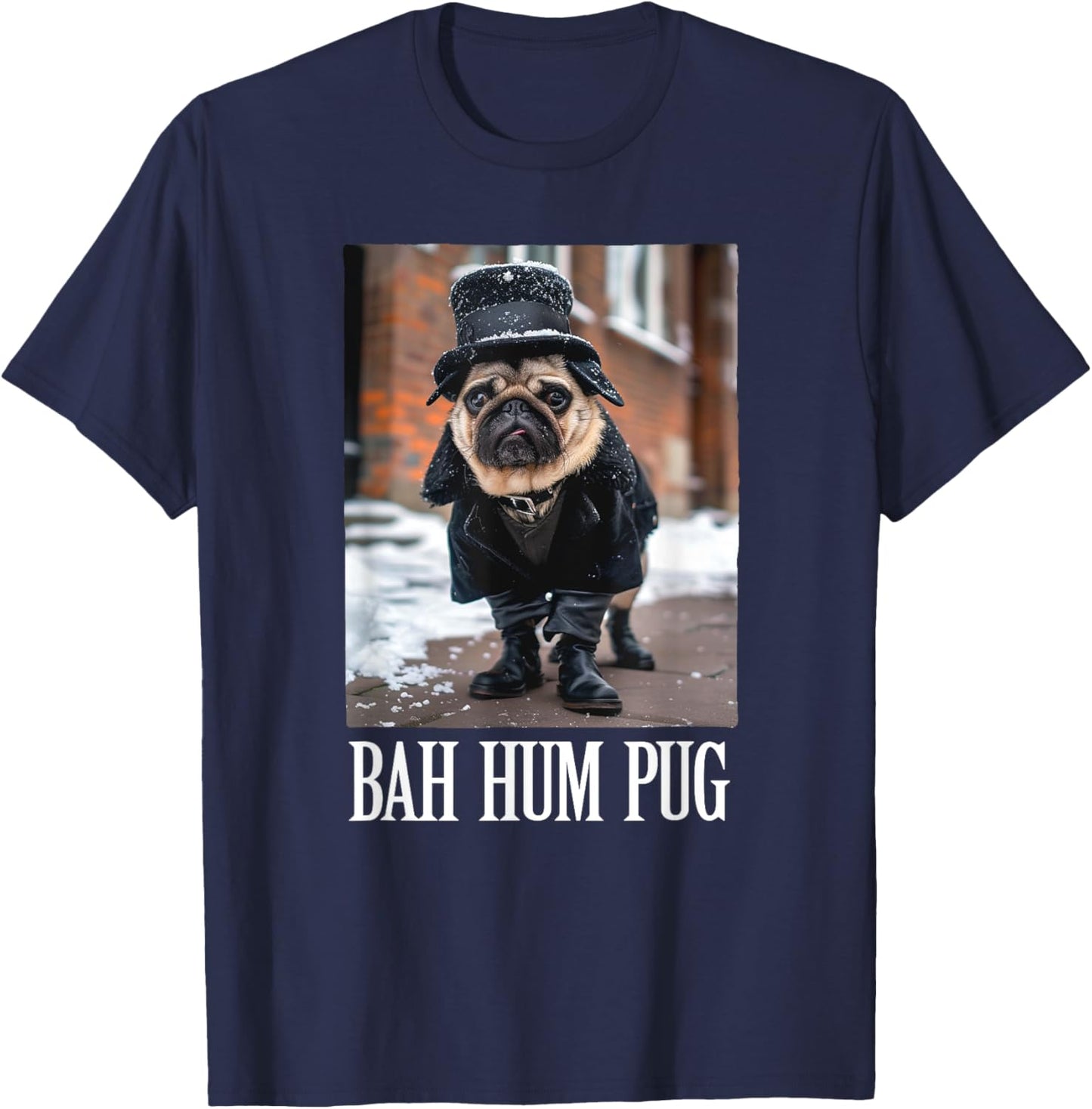 Funny Dog Bah Hum Pug Christmas Pet Holiday Photo Humbug Bug Men Women Girls Kids T-Shirt - T-Shirt | Navy