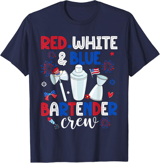 Red White & Blue Bartender Crew Happy 4th Of July T-Shirt - T-Shirt | Navy