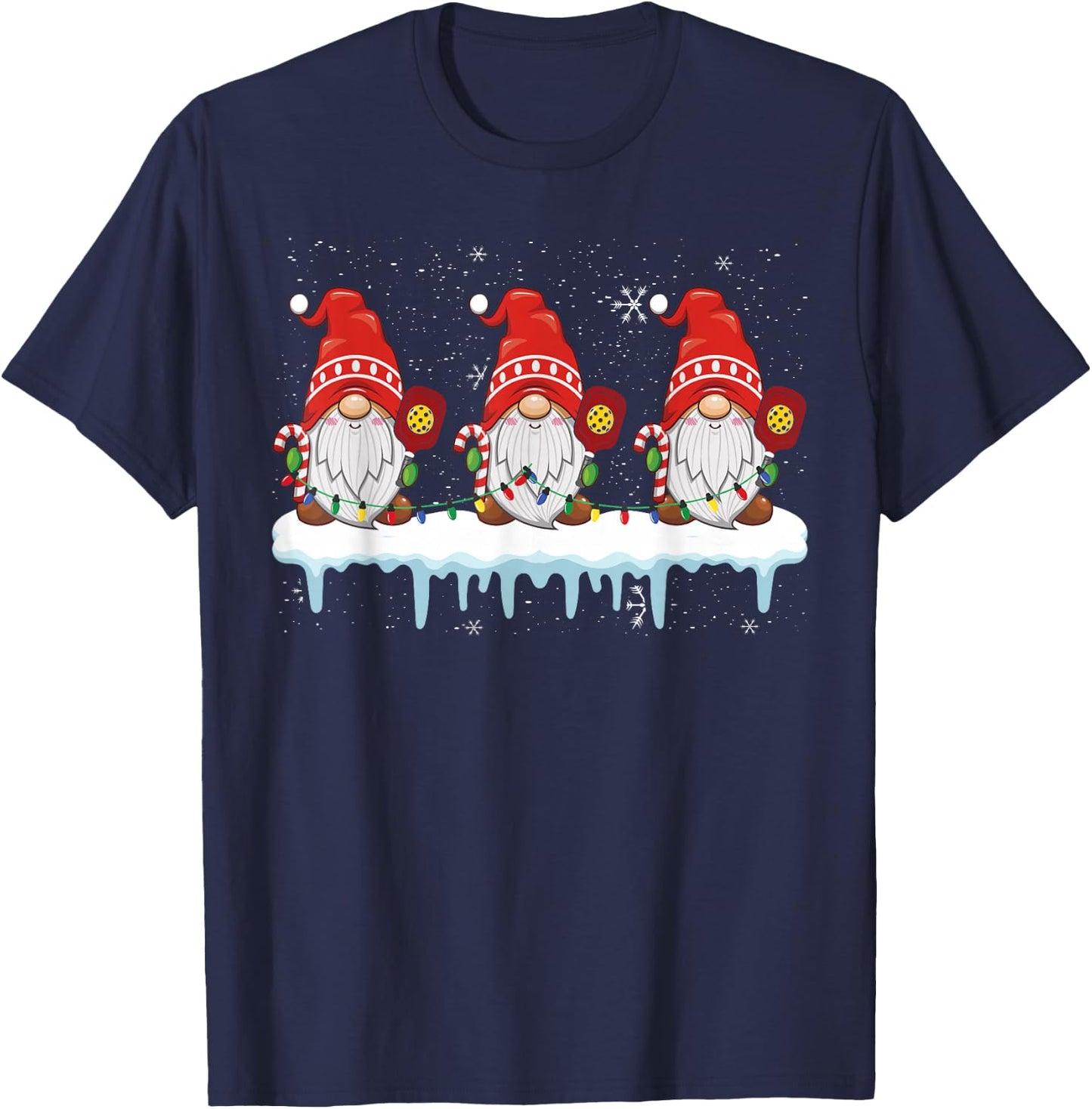 3 Christmas Gnome With Pickleball Christmas Lights T-Shirt - T-Shirt | Navy