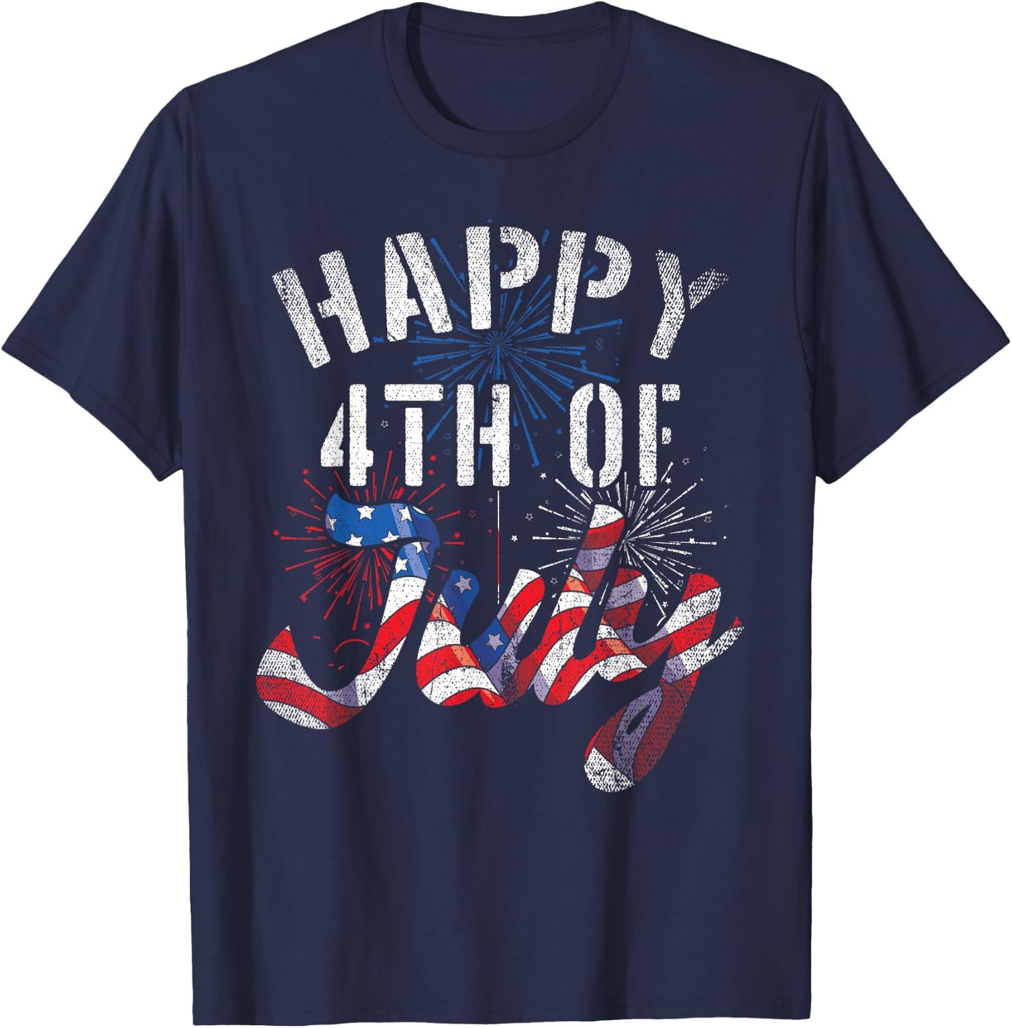 Fireworks Happy 4th Of July US Flag American 4th Of July Women Kids Men T-Shirt - T-Shirt | Navy