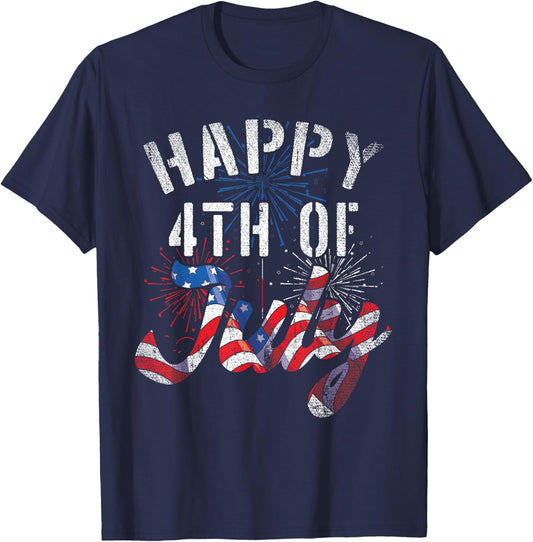 Fireworks Happy 4th Of July US Flag American 4th Of July Women Kids Men T-Shirt - T-Shirt | Navy