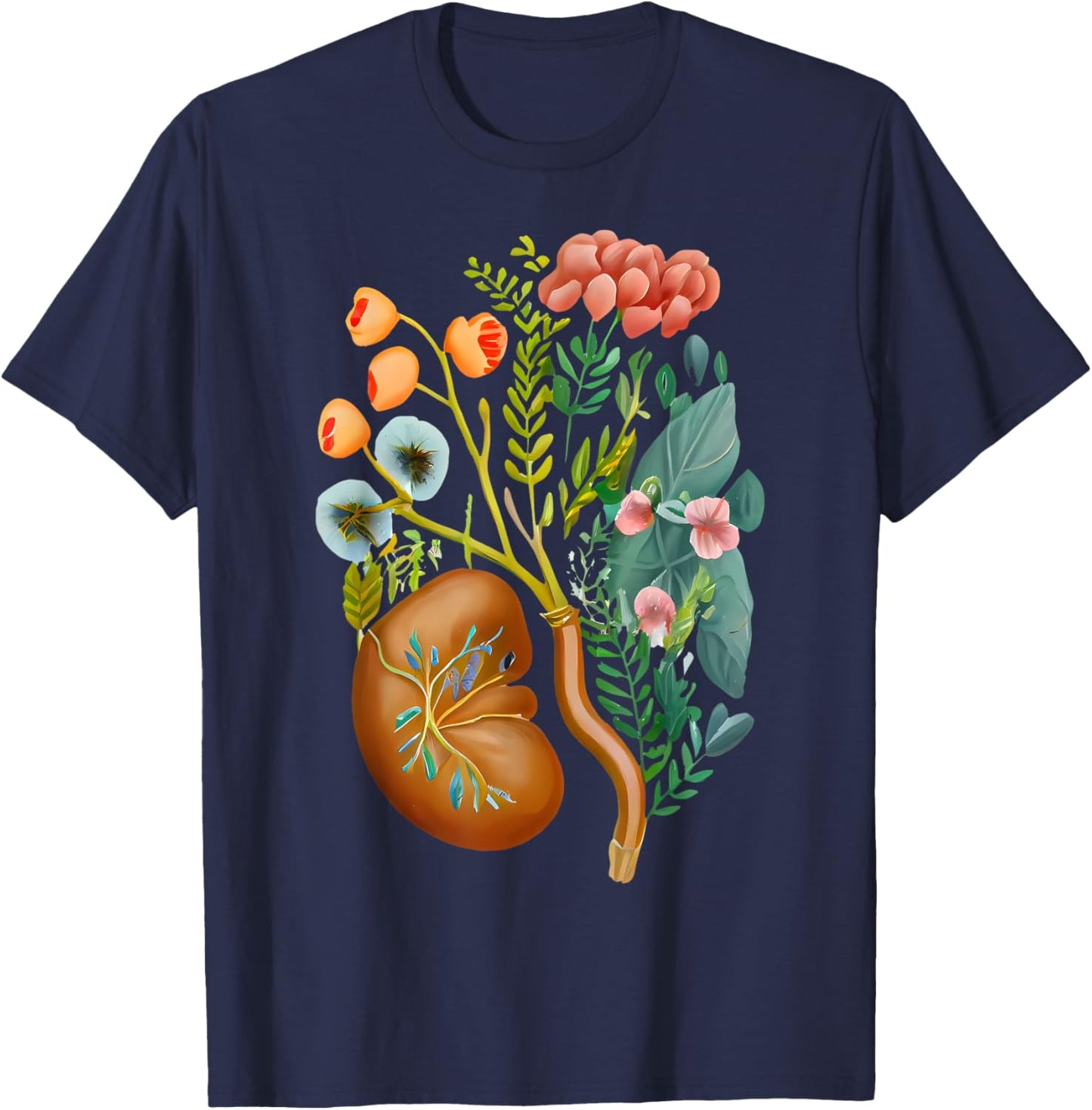 Floral Kidneys Anatomy Dialysis Nurse Kidney Surgery T-Shirt - T-Shirt | Navy