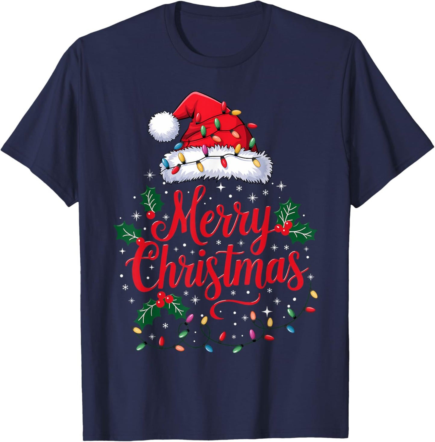 Merry Christmas Lights Red Santa Hat Xmas Family Men Women T-Shirt - T-Shirt | Navy