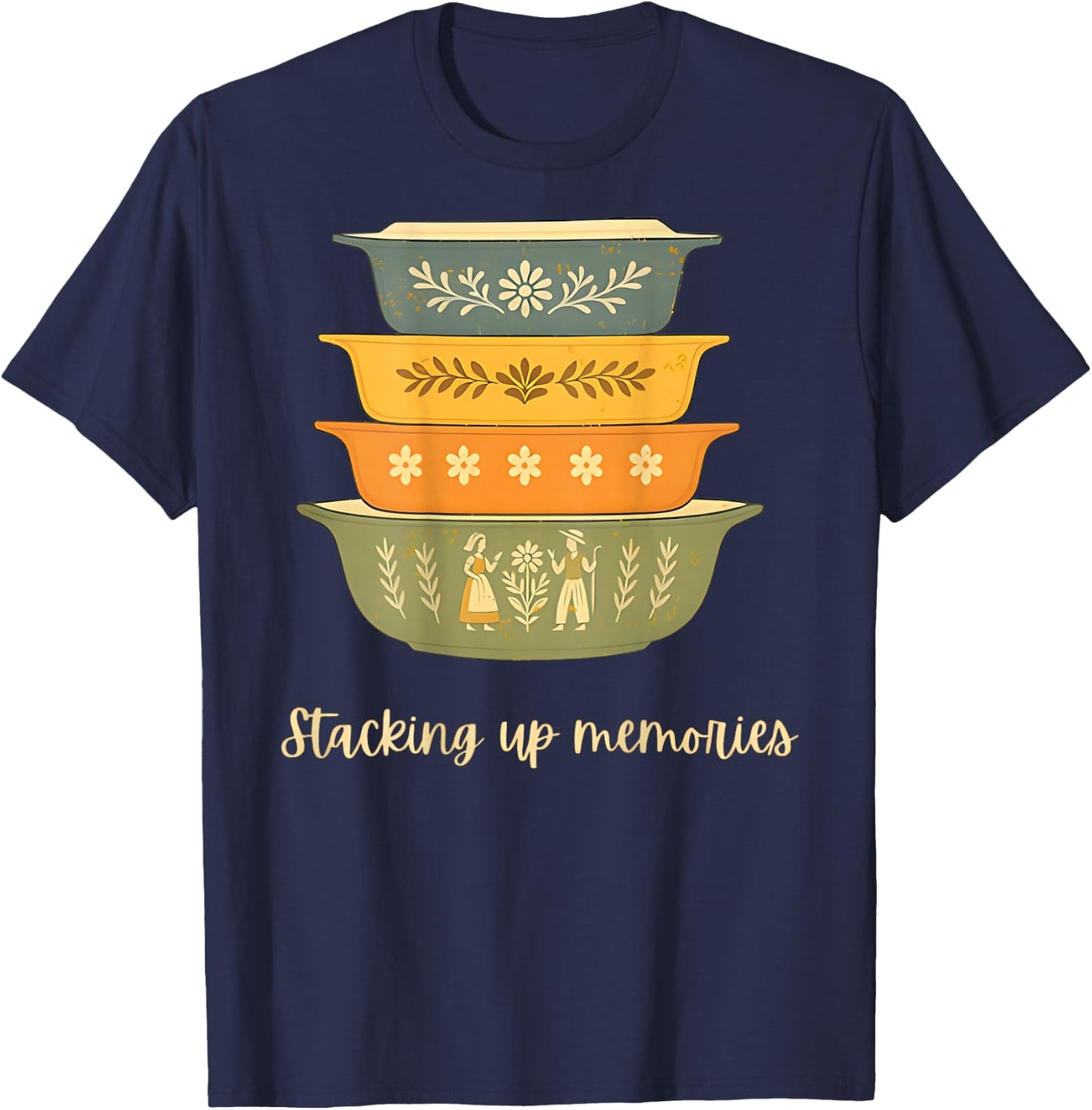 Stacking Up Memories Vintage Retro Bowls - On Back T-Shirt - T-Shirt | Navy