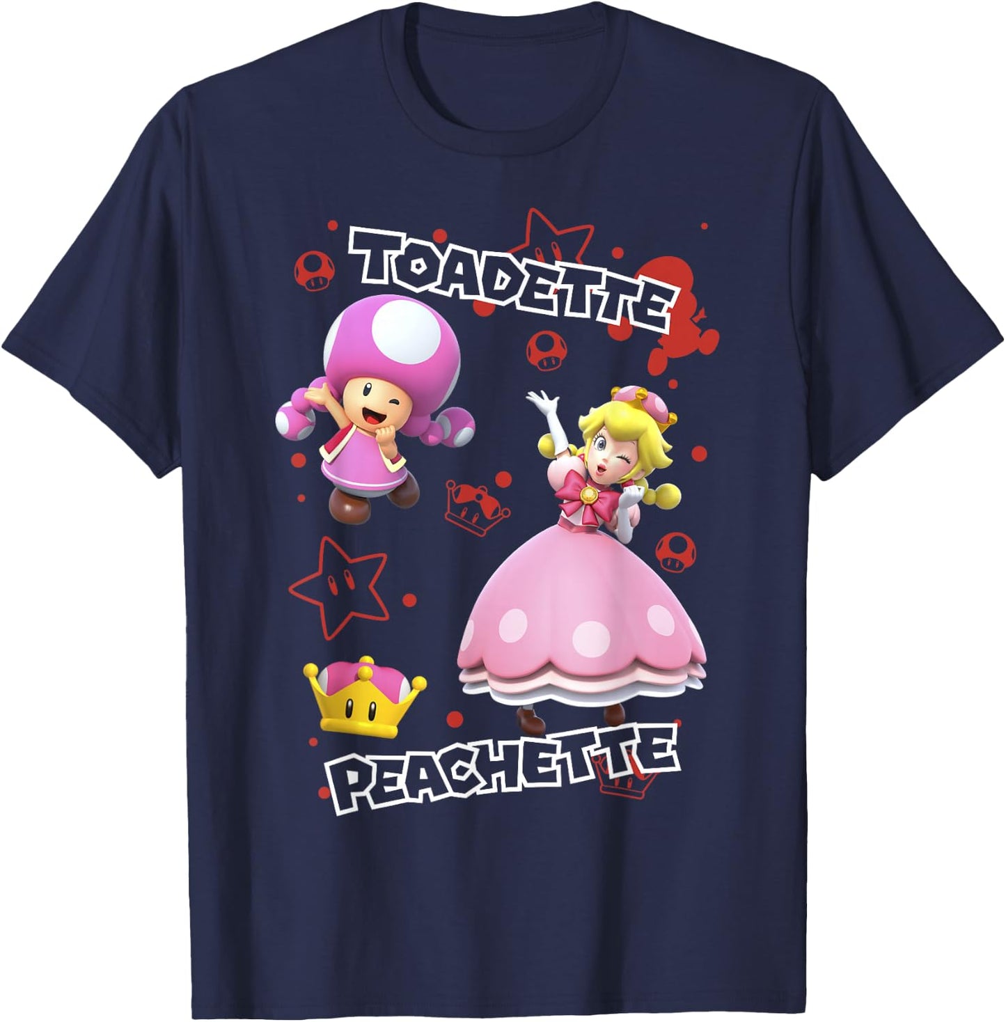 Super Mario Peachette And Toadette Symbol Collage Portrait T-Shirt - T-Shirt | Navy