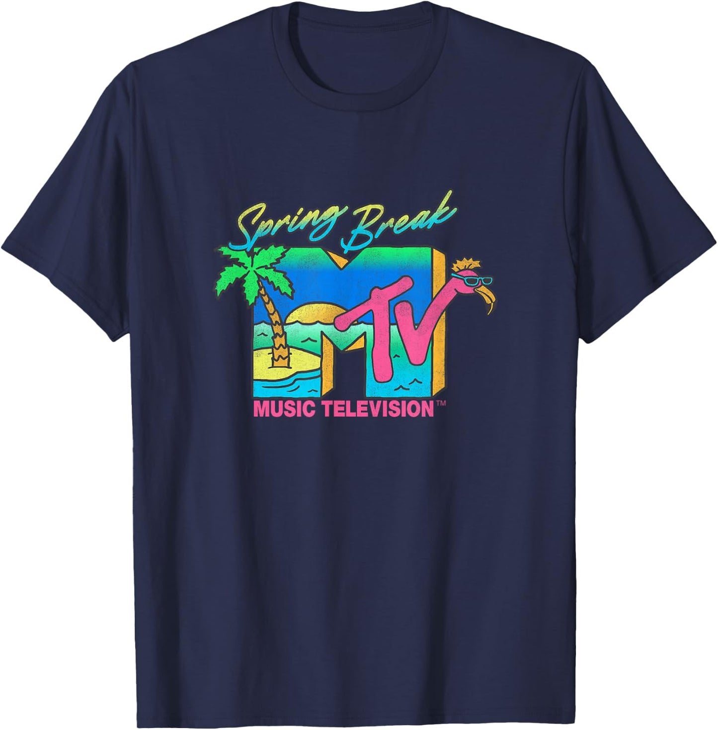 MTV Retro Spring Break Neon Flamingo Party Island Logo T-Shirt - T-Shirt | Navy