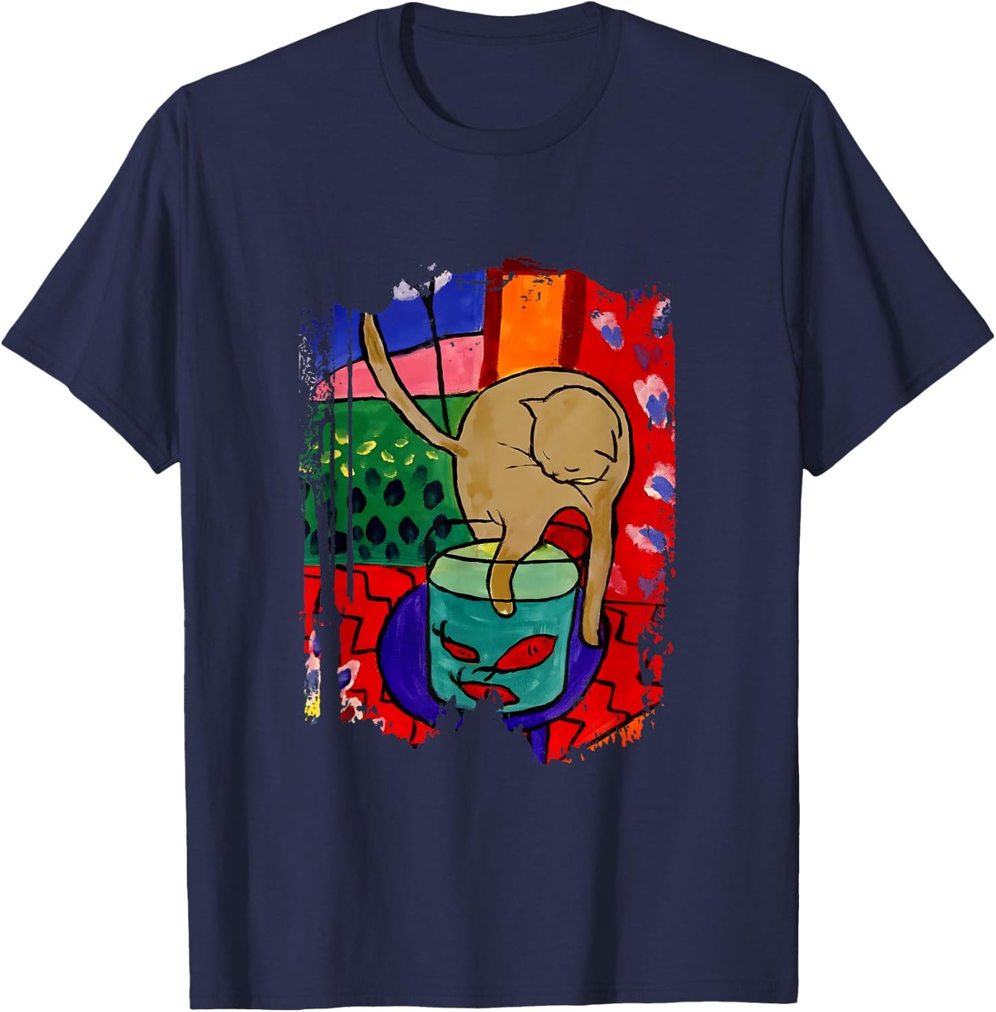 Cat With Red Fish Matisse Inspiration Art In Style T-Shirt - T-Shirt | Navy