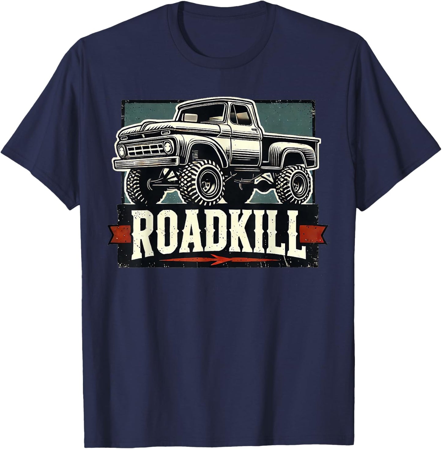 Motortrend Vintage Muscle Roadkill Pickup in Action - Black, -Adults, Short Sleeve, Letter Print, Modern, Vehicle Theme T-Shirt - T-Shirt | Navy