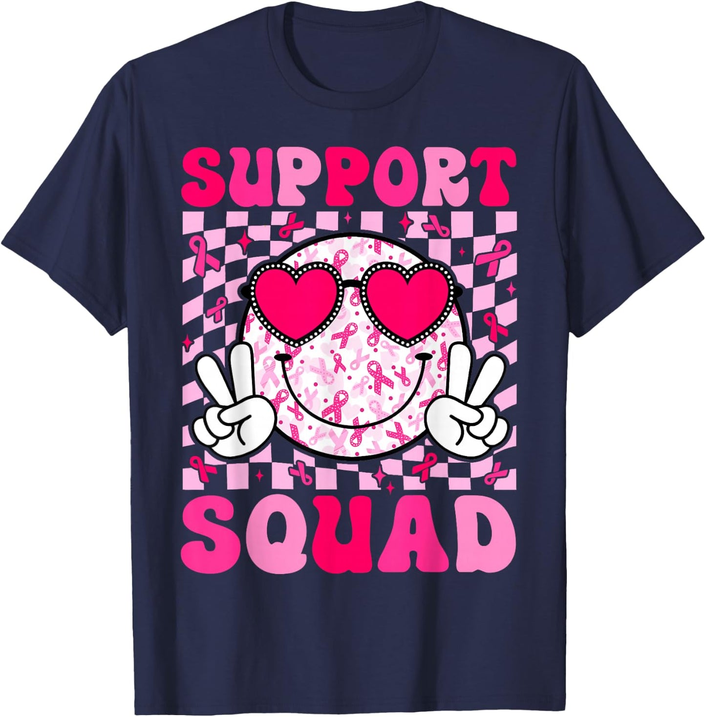 Support Squad Breast Cancer Awareness Pink Ribbon Smile Face T-Shirt - T-Shirt | Navy