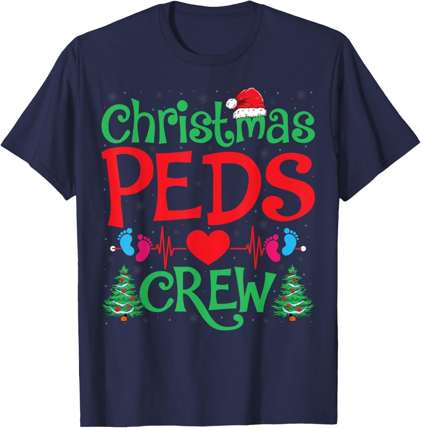 Christmas PEDS Crew Santa Hat Xmas Tree Pediatric Nurse T-Shirt - T-Shirt | Navy