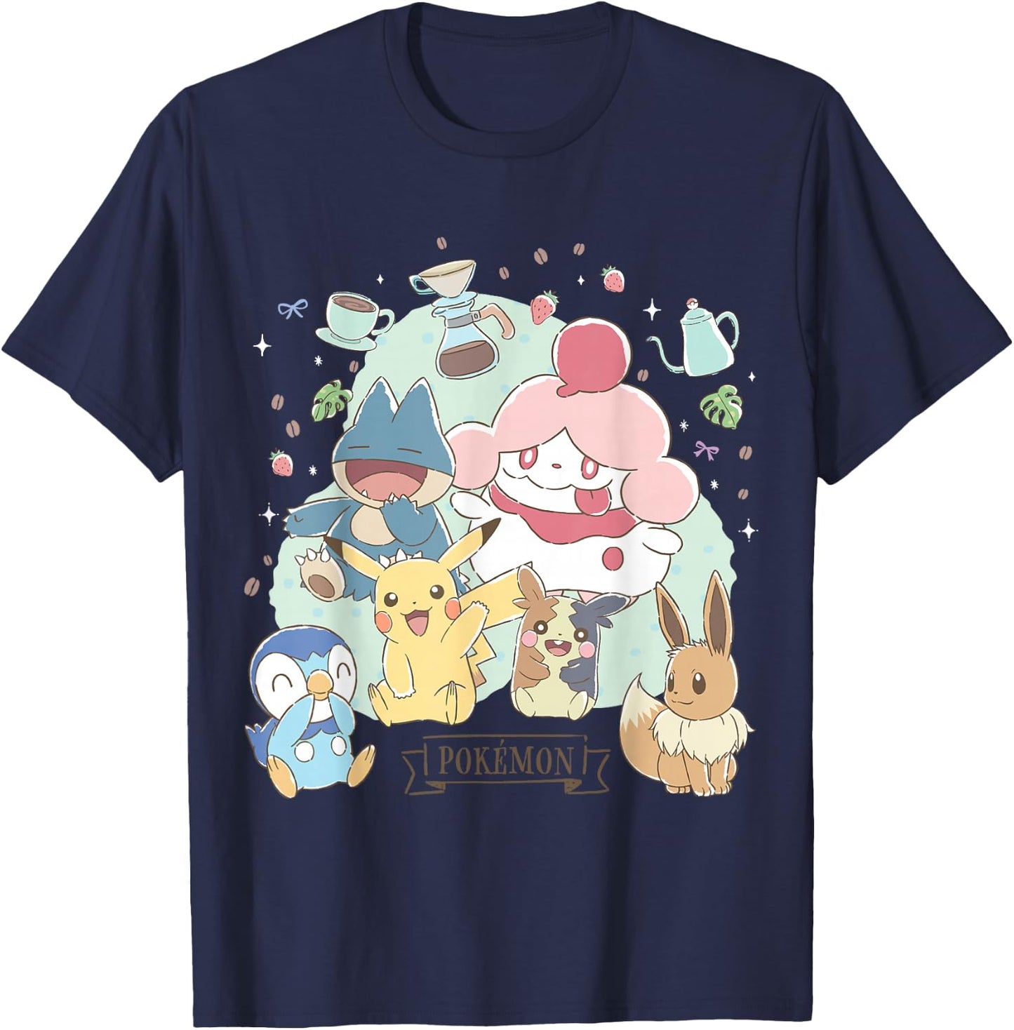 Pokémon - Cafe Pika Eevee Piplup Munchlax Morpeko Slurpuff T-Shirt - T-Shirt | Navy