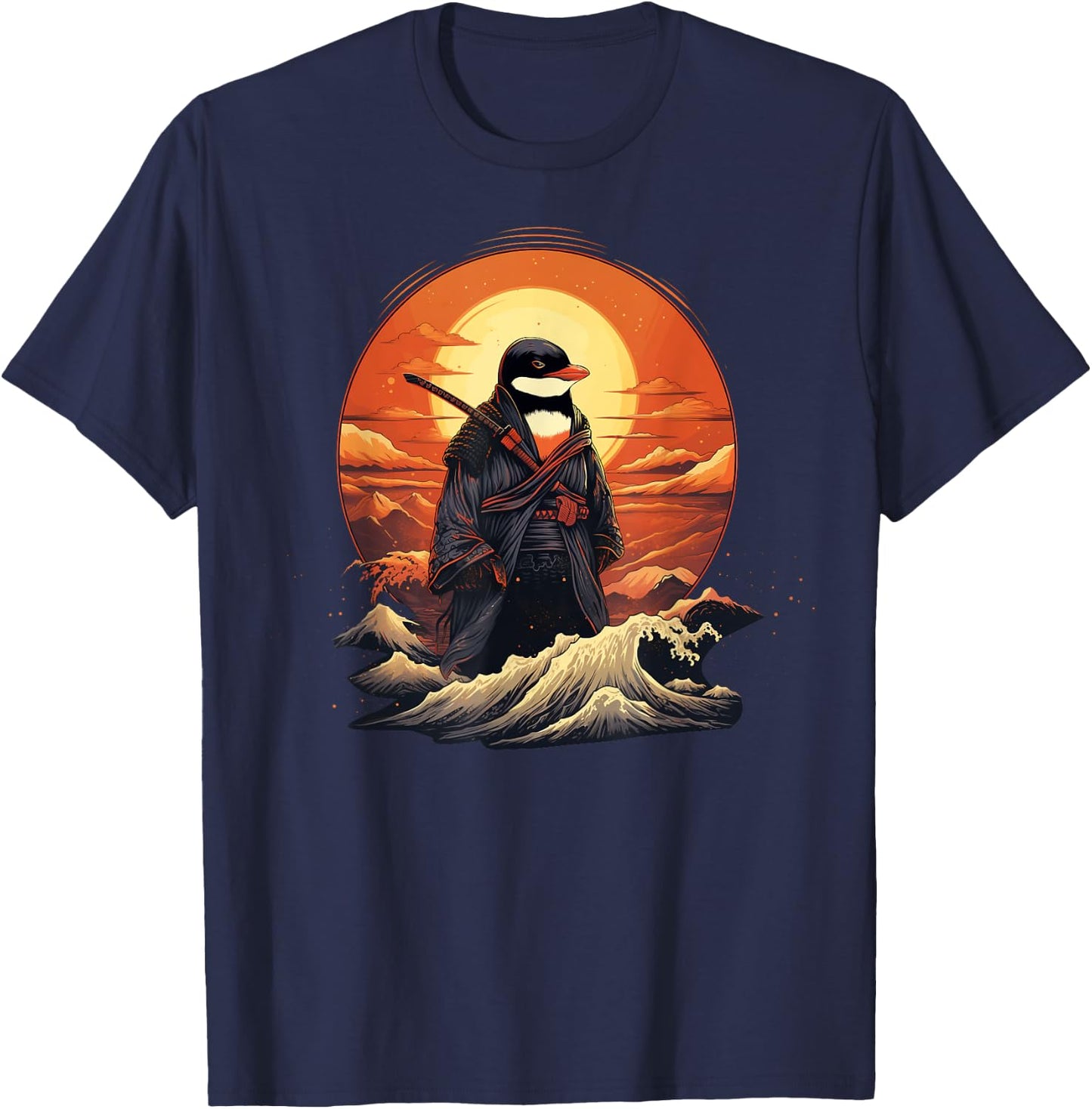 Vintage samurai Penguin on Japanese ninja art Penguin T-Shirt - T-Shirt | Navy