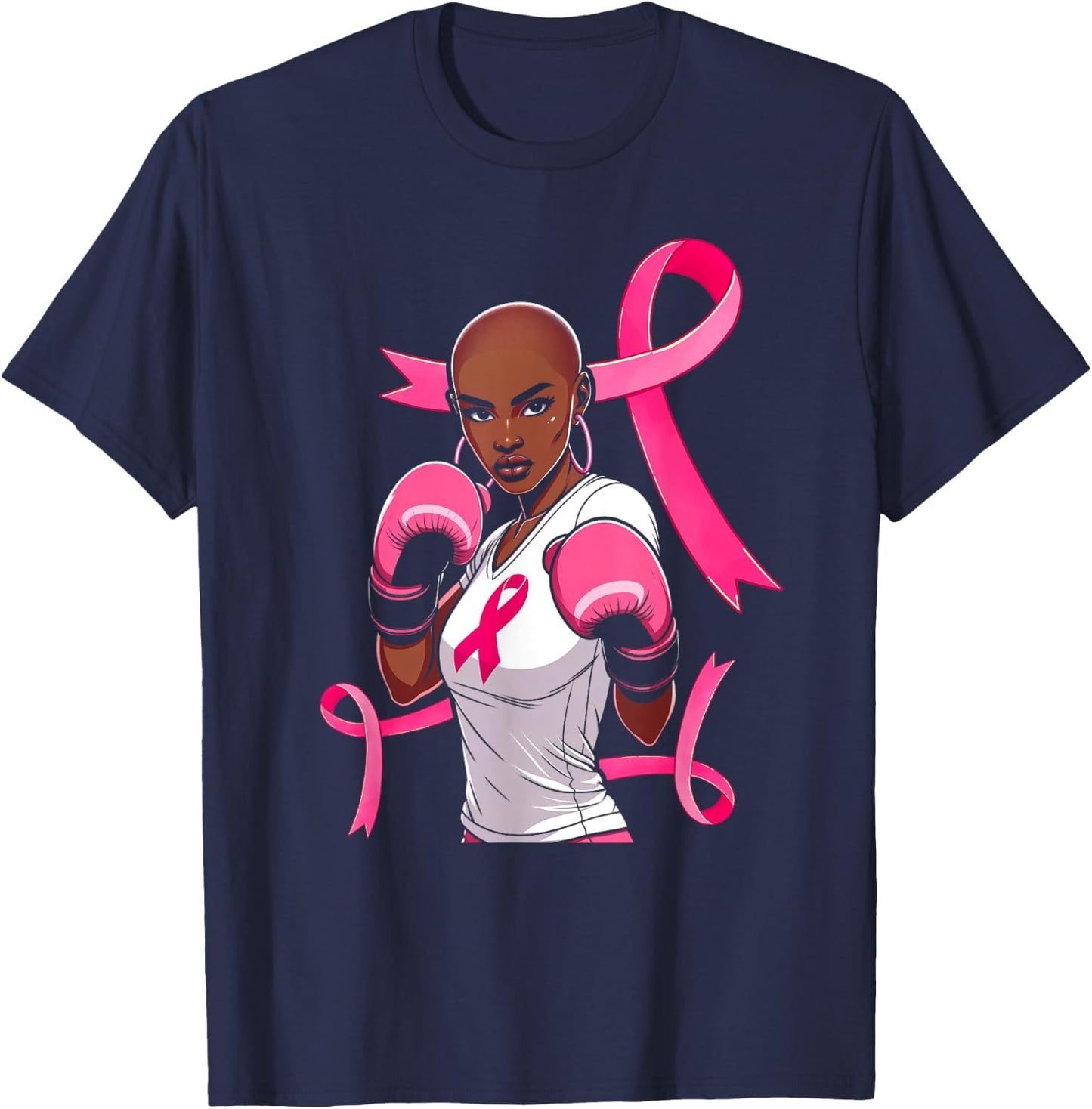 Breast Cancer Awareness African American Afro Pink Ribbon T-Shirt - T-Shirt | Navy