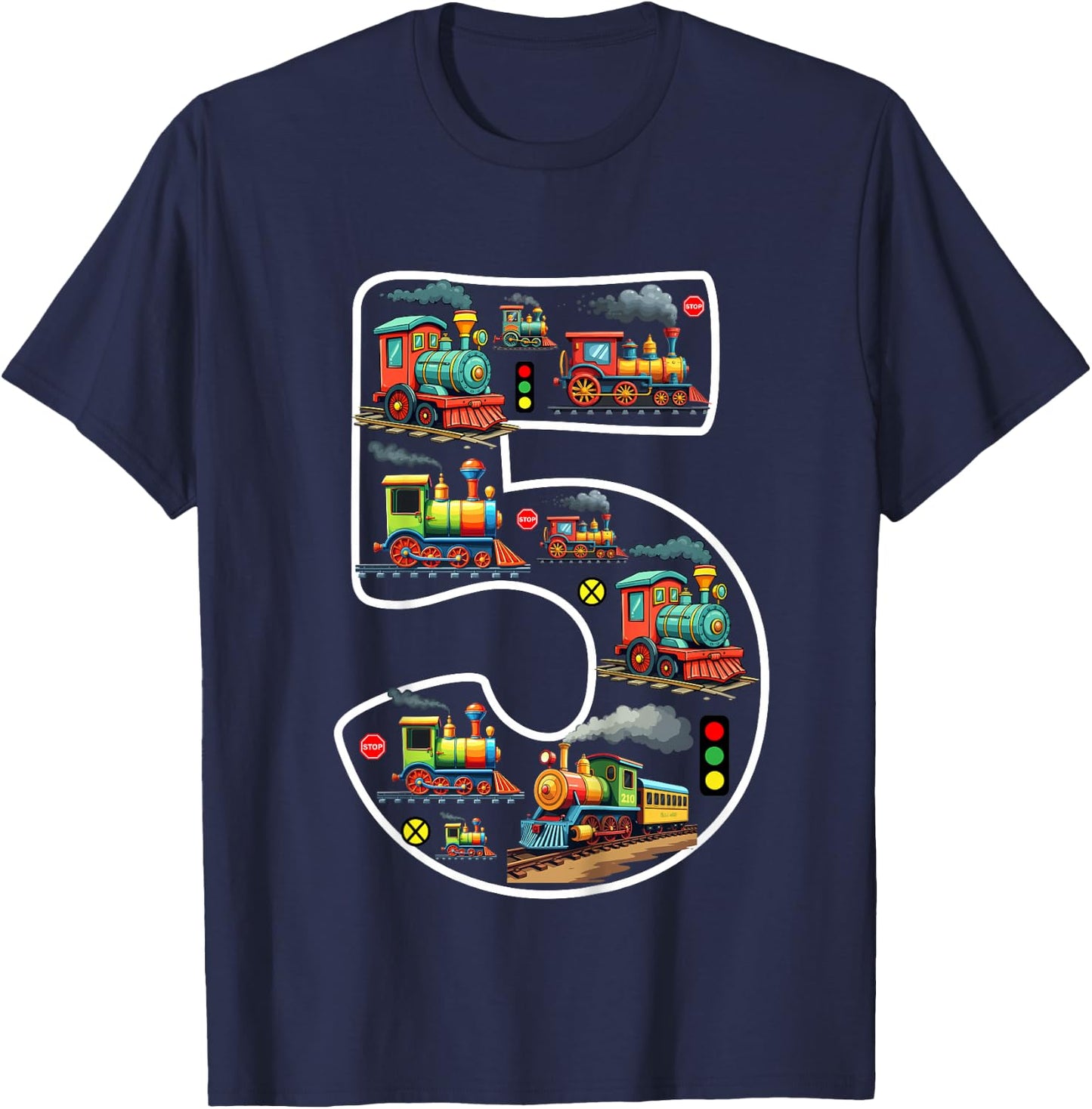 Kids 5 Year Old Boy Trains Birthday 5th Birthday Locomotive Train T-Shirt - T-Shirt | Navy