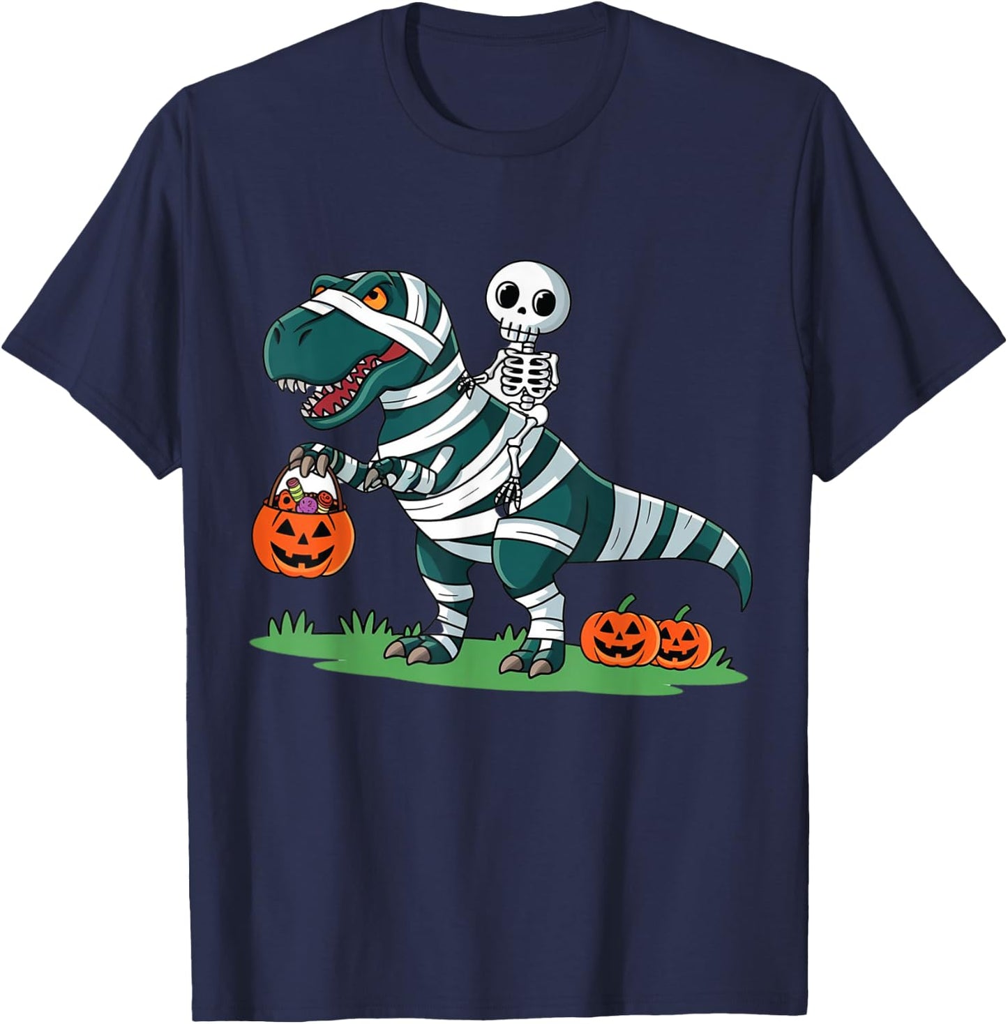 Skeleton Riding Mummy Dinosaur T rex Halloween Funny Pumpkin T-Shirt - T-Shirt | Navy