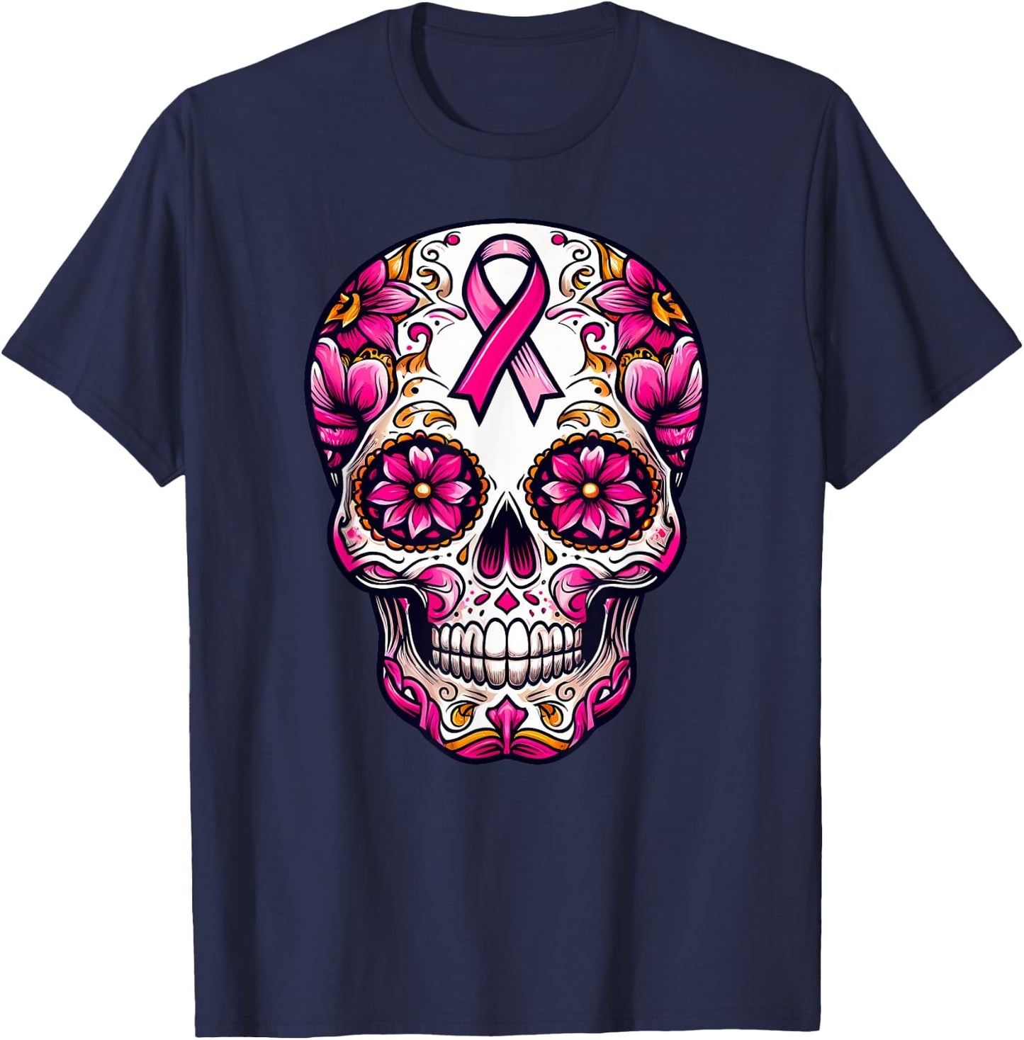 Sugar Skull Pink Ribbon Calavera Breast Cancer Awareness T-Shirt - T-Shirt | Navy