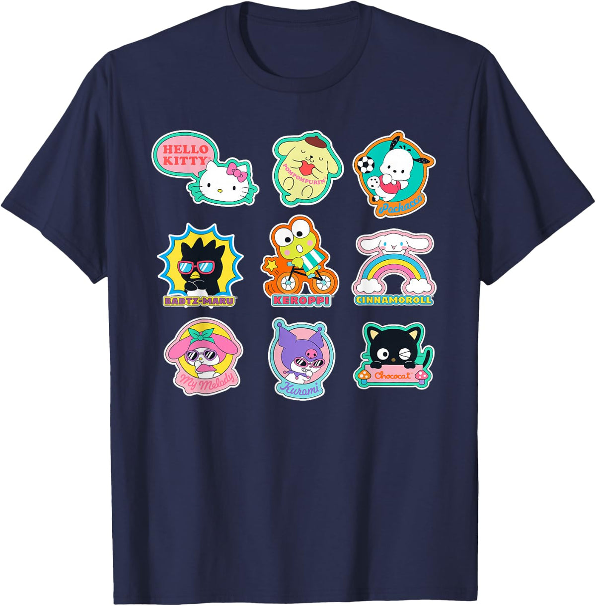 SANRIO Hello Kitty and Friends Supercute Stickers Adult Child Black Small Classic Fit Short Sleeve Cotton 60% Polyester 40% T-Shirt - T-Shirt | Navy