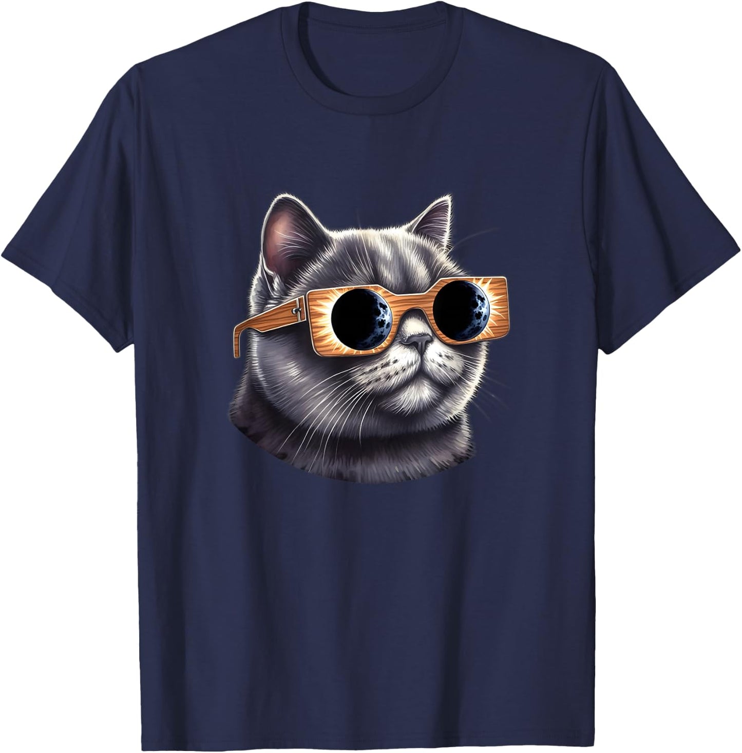 British Short Hair Cat with Solar Eclipse Glasses T-Shirt - T-Shirt | Navy