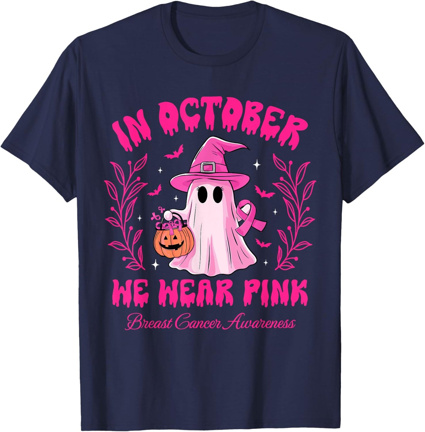 In October We Wear Pink Breast Cancer Awareness Halloween T-Shirt - T-Shirt | Navy