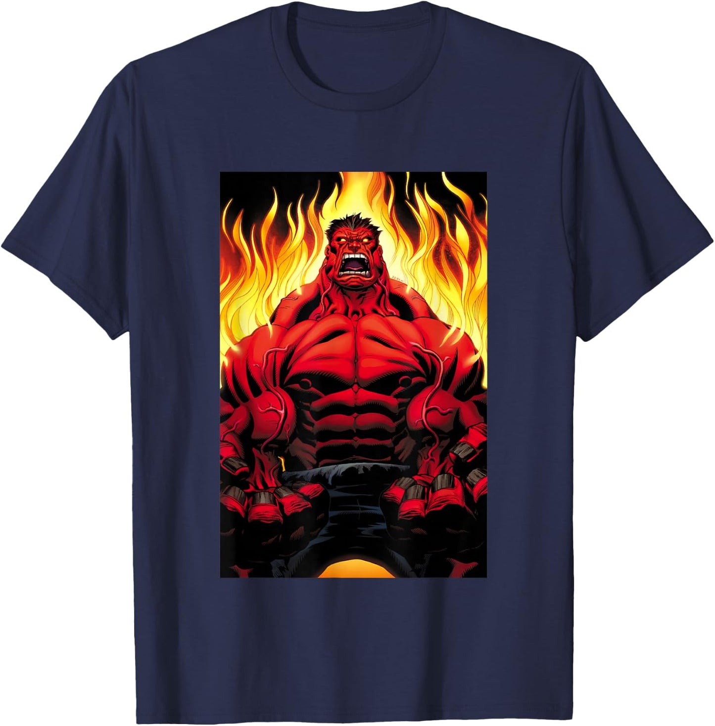 Marvel Universe Classic Red Hulk Extreme Rage On Fire T-Shirt - T-Shirt | Navy