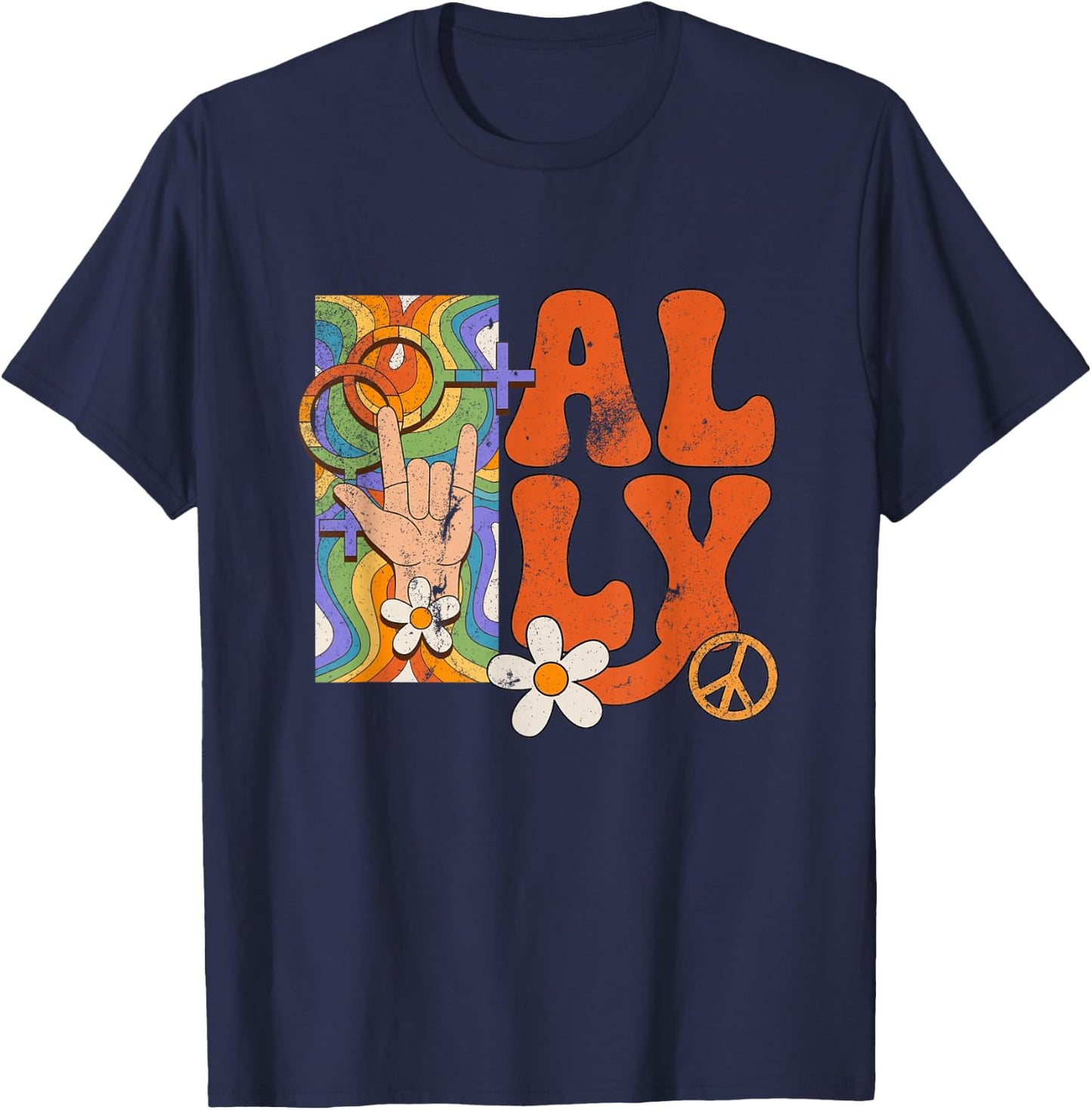 Retro LGBTQ Ally Pride Month Rainbow Proud Ally Women Girls T-Shirt - T-Shirt | Navy