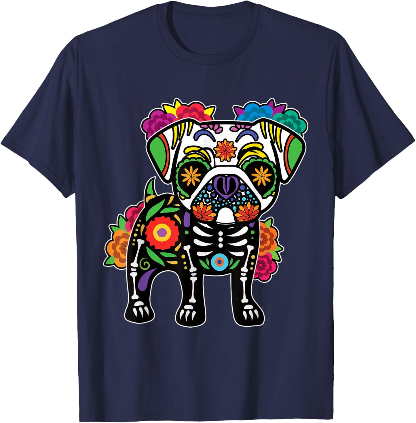 Dog Pug Floral Skeleton Day of Dead Dia De Los Muertos T-Shirt - T-Shirt | Navy