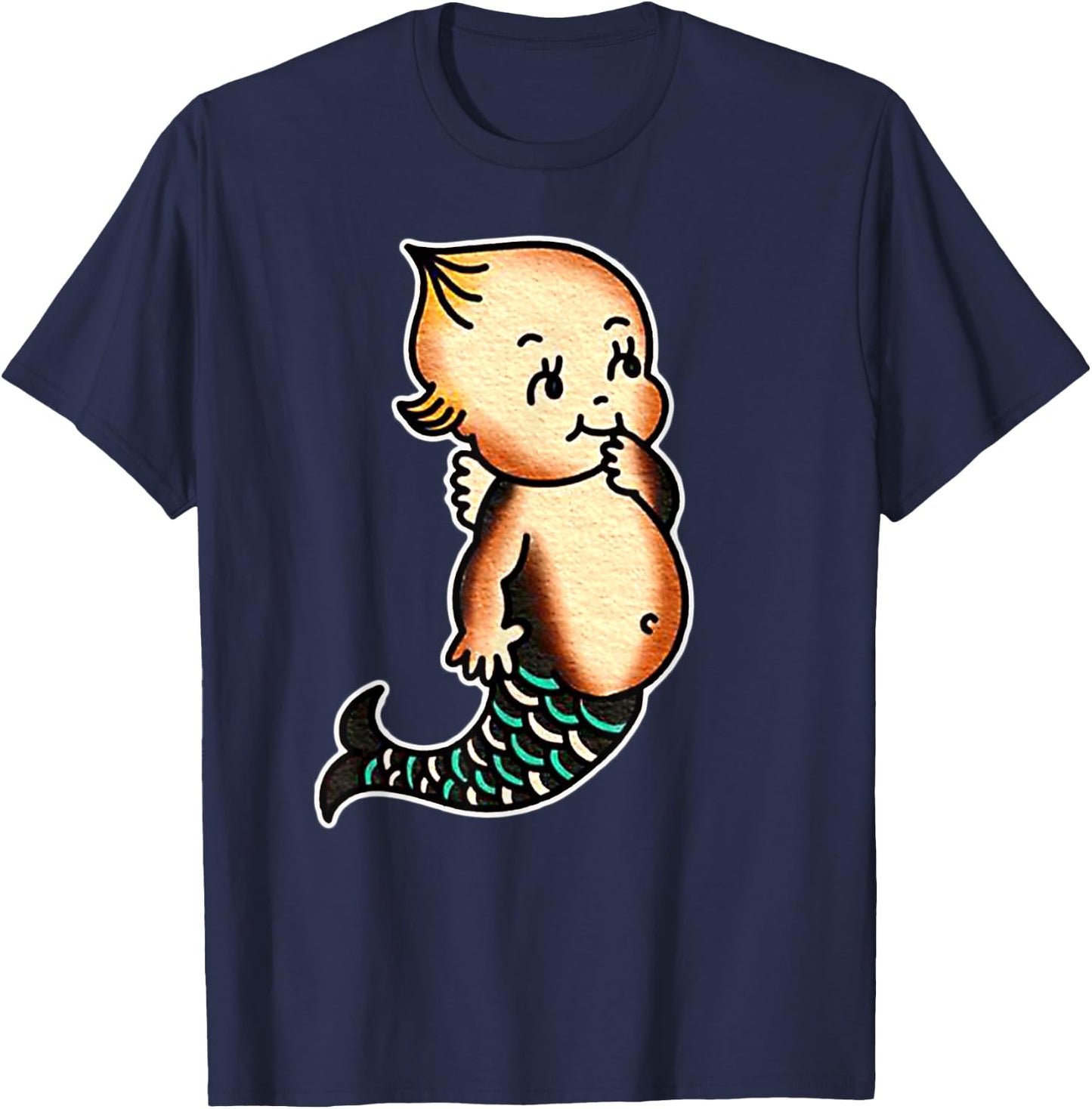 Kewpie Baby Mermaid Traditional Tattoo Flash T-Shirt - T-Shirt | Navy