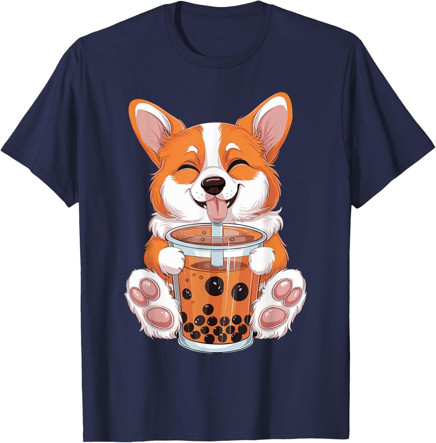 Corgi Dog Bubble Boba Tea Anime Cute Kawaii Corgi Dog T-Shirt - T-Shirt | Navy