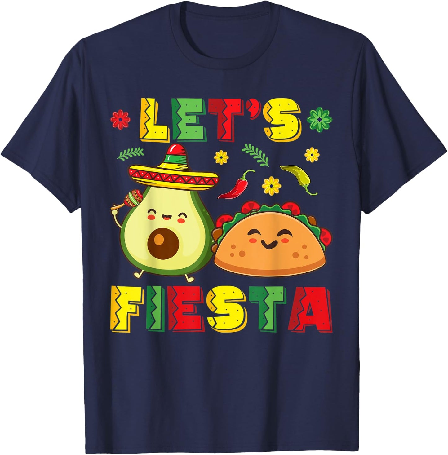 Mexican Cinco De Mayo Shirt Taco And Avocado Let's Fiesta T-Shirt - T-Shirt | Navy