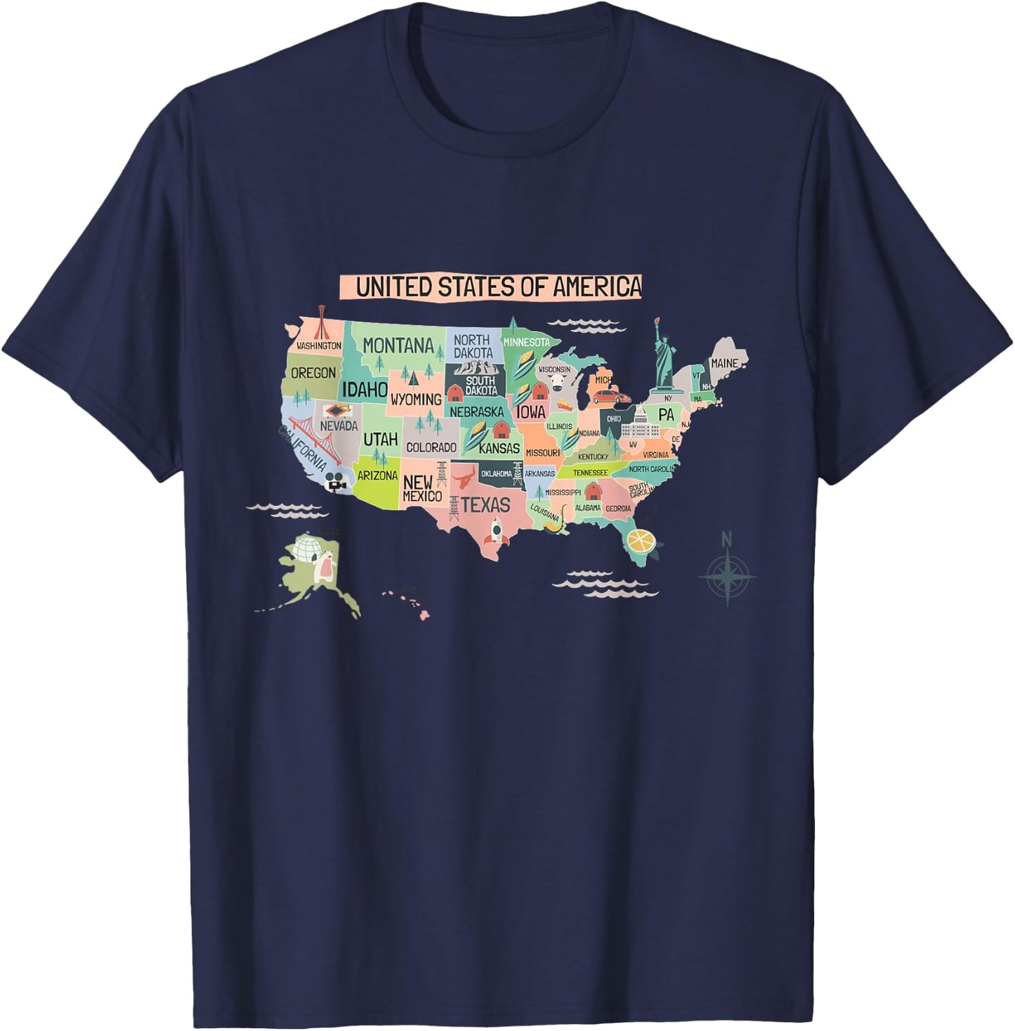 United States America Educational USA Wonders & States Map T-Shirt - T-Shirt | Navy