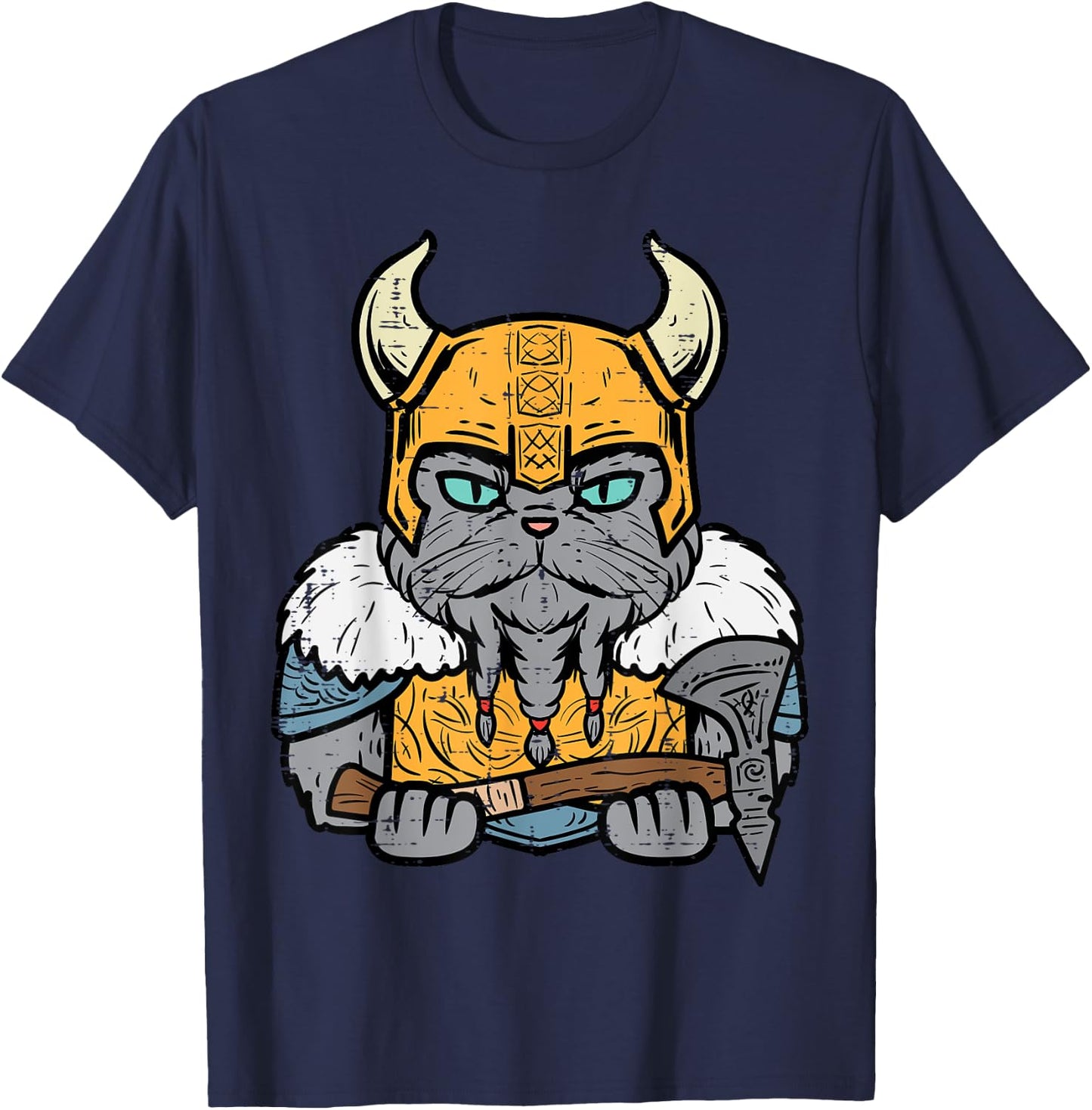 Viking Cat Axe Norse Mythology Kitten Women Girls Kids Men T-Shirt - T-Shirt | Navy