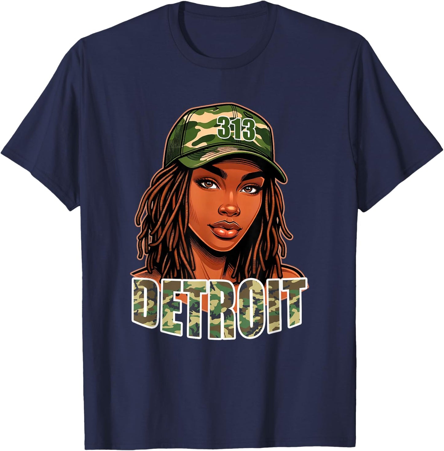 Detroit 313 Camo Hat Black Woman Locs T-Shirt - T-Shirt | Navy