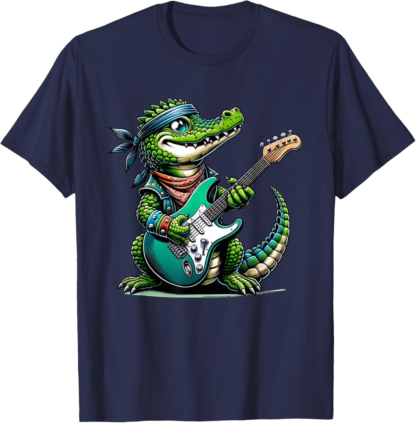 Crocodile Rock Star: Playful Guitar-Playing Alligator T-Shirt - T-Shirt | Navy