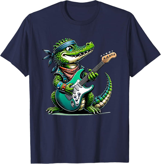 Crocodile Rock Star: Playful Guitar-Playing Alligator T-Shirt - T-Shirt | Navy
