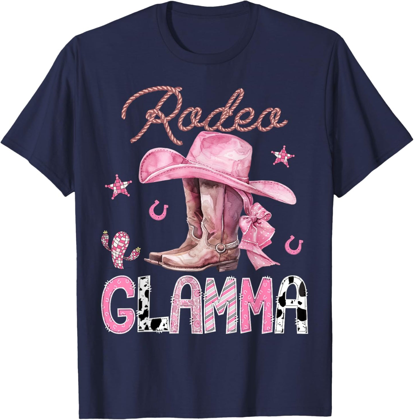 Rodeo Glamma Pink Boots Coquette CowGirl Birthday Party T-Shirt - T-Shirt | Navy