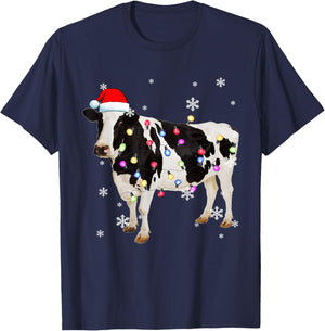 Christmas Cow Shirt Cow Tree Light Xmas Funny Cow T-Shirt - T-Shirt | Navy
