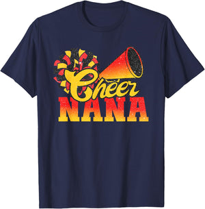 Cheer Nana Biggest Fan Cheerleader Orange Red Gold Pom Pom T-Shirt - T-Shirt | Navy